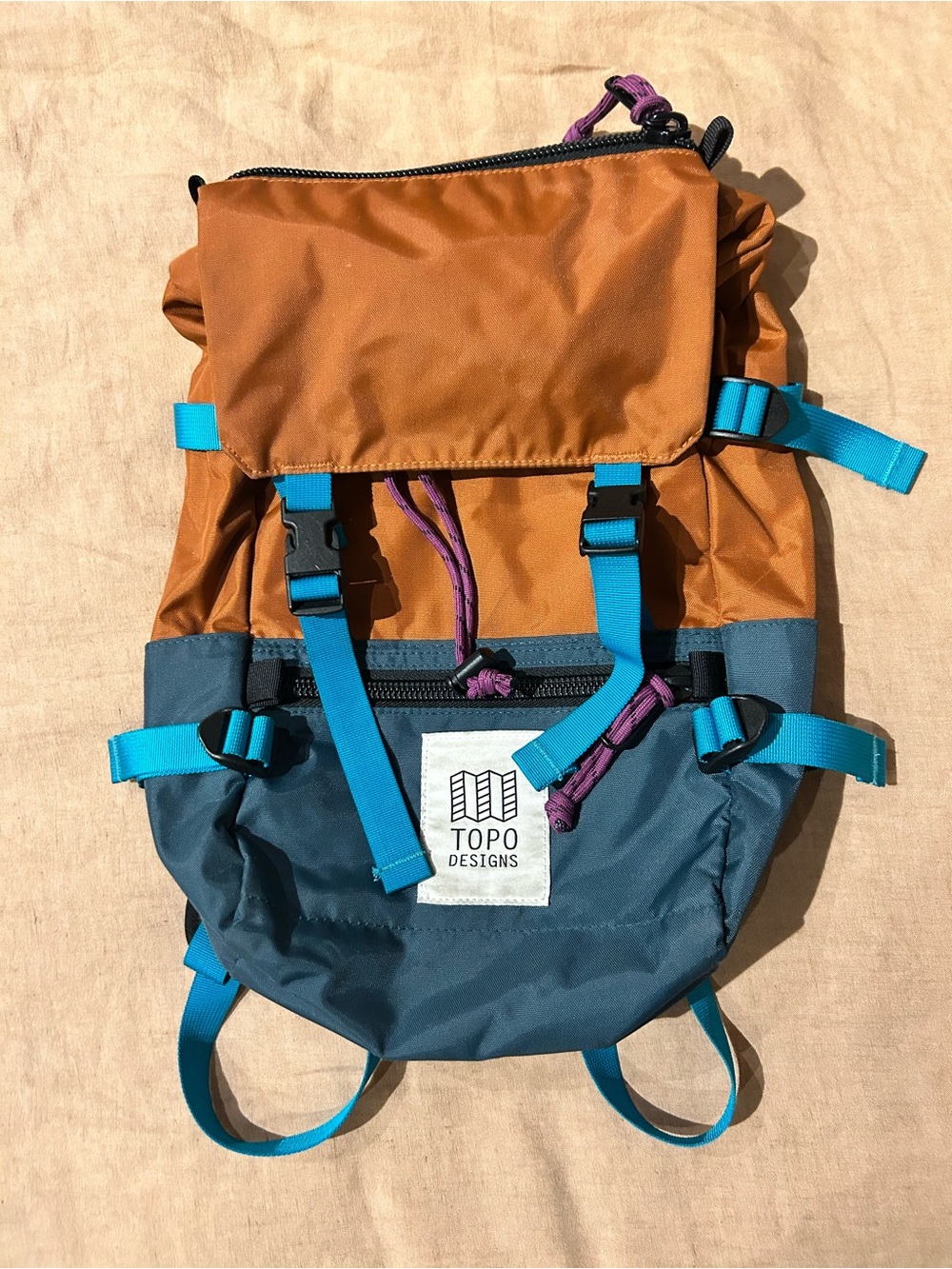 Topo Designs Rover Pack Mini Two-Tone Brown and Blue Roll-Top Kids Backpack